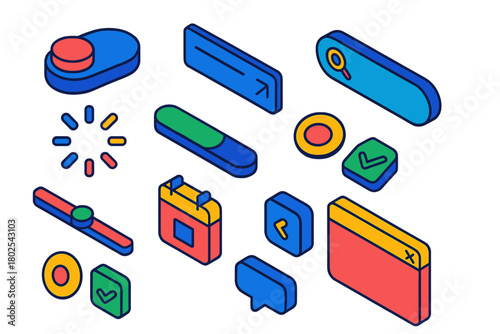 Modern UI Elements. Isometric vector illustration set Modern UI Components: toggle switch, dropdown menu, search bar, loading