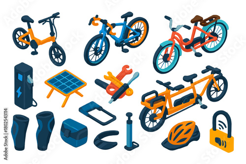 Isometric E-Bike Collection. Isometric vector illustration set electric bicycle: urban folding e-bike, electric gravel e-bike,