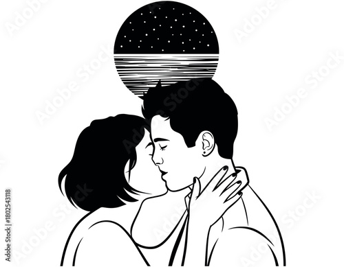 A couple embraces for a romantic kiss under a starry moonlit sky.