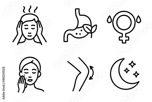 Chronic Condition Icons. Line style icons of chronic condition support: anxiety relief, digestive balance, hormonal support, skin