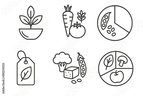 Plant-Based Nutrition Icons. Line style icons of nutrition science: plant-based nutrition, vegetables and grains icon, legumes and