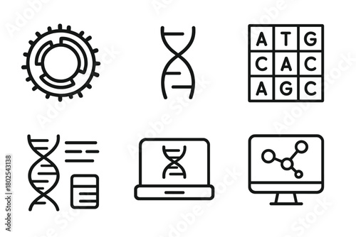 Microbiology Line Icons. Line style icons of microbiology: microbial genome map, base pair icon, ATGC chart, sequencing platform,