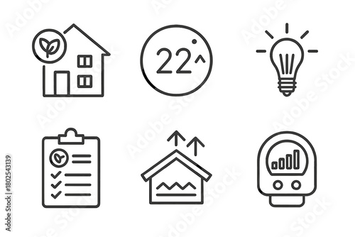Renewable Energy Icons. Line style icons of renewable energy: energy-efficient home, smart thermostat, LED lighting icon, energy