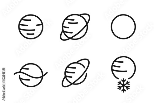 Exoplanet Line Icons. Line style icons of exoplanets: rogue planet icon, free-floating orbit, starless body, interstellar drift,