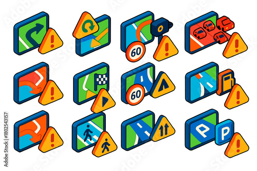 Navigation Alert Icons. Isometric vector illustration set Navigation Alerts: GPS turn alert, rerouting notification, speed camera