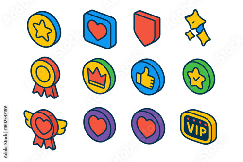 Isometric Badge Icons. Isometric vector illustration set Favorites Badge Outline Style: outlined circle badge with star, outlined