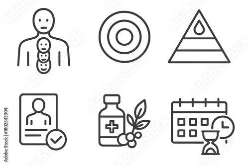 Homeopathy Icon Set. Line style icons of classical homeopathy: constitutional type, symptom layers, miasm chart, chronic case,