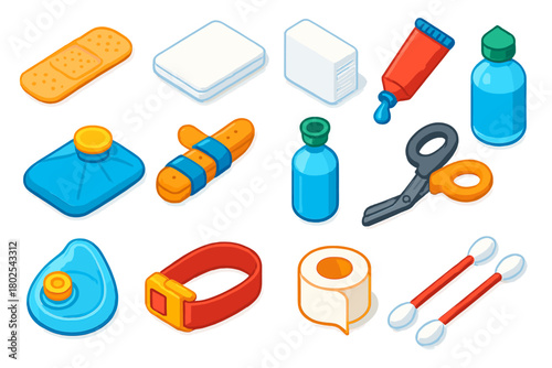 Healthcare Tools Icons. Isometric vector illustration set First Aid and Healthcare Tools: adhesive bandage, wound dressing, gauze