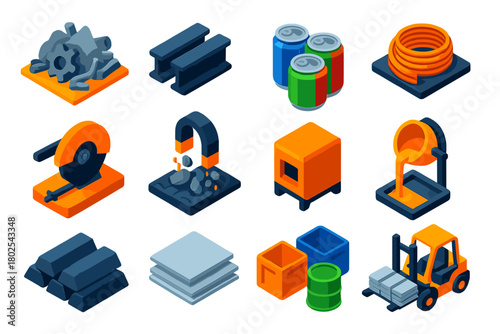 Metal Recycling Icons. Isometric vector illustration set Metal Recycling: scrap metal pile, steel beams, aluminum cans, copper