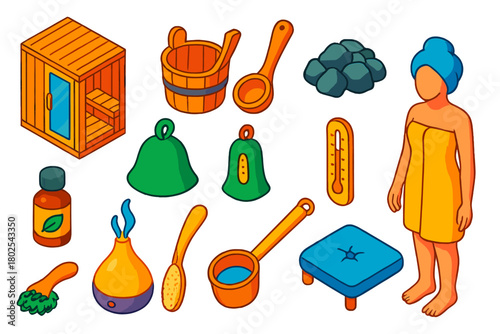 Sauna Essentials Icons. Isometric vector illustration set Wellness, Relaxation, and Beauty Essentials: home sauna, sauna bucket,