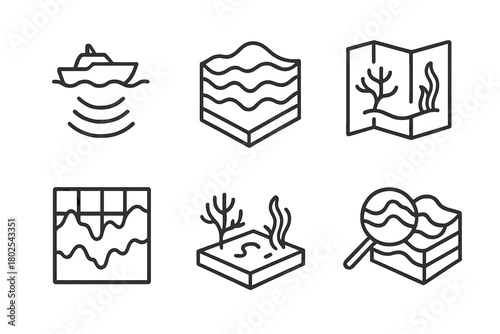 Marine Biology Icons. Line style icons of marine biology: sonar mapping, seafloor topography, habitat mapping icon, bathymetry