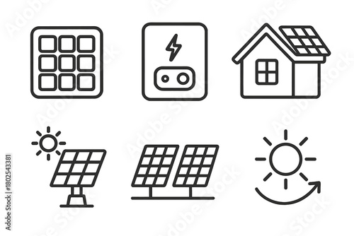 Solar Energy Icons. Line style icons of renewable energy: photovoltaic cell, solar inverter, rooftop solar system, solar tracker,