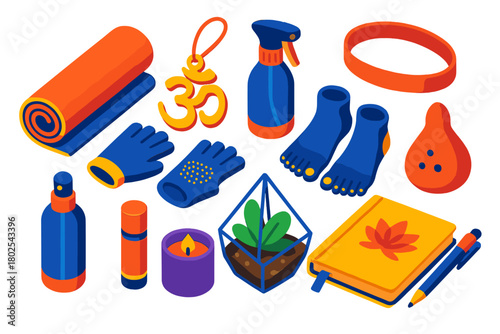 Yoga Essentials Icons. Isometric vector illustration set Yoga and Mindfulness Essentials: hot yoga mat, OM charm, mat spray bottle