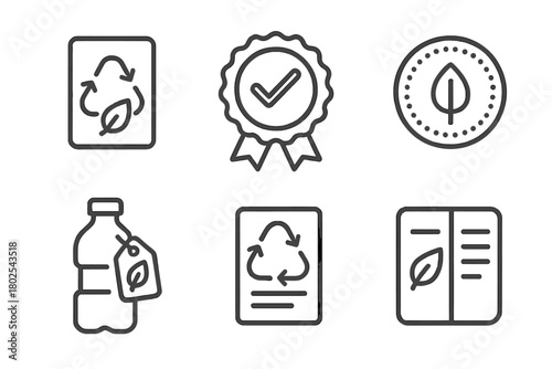 Biodegradable Icons. Line style icons of biodegradable plastics: product labeling, compostable certified badge, biodegradable