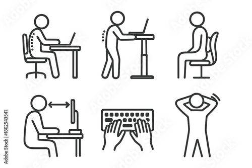 Ergonomic Workplace Icons. Line style icons of chiropractic care: workplace ergonomics, standing desk pose, lumbar chair support,