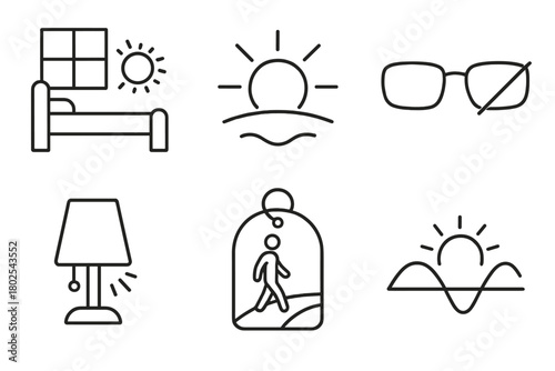 Sleep Therapy Icons. Line style icons of sleep therapy: light exposure management, morning sunlight icon, blue light block glasses