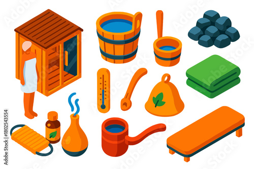 Sauna Essentials Icons. Isometric vector illustration set Wellness, Relaxation, and Beauty Essentials: home sauna, sauna bucket,