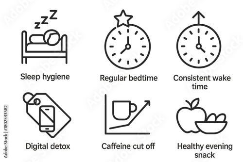 Sleep Therapy Icons. Line style icons of sleep therapy: sleep hygiene, regular bedtime clock, consistent wake time icon, digital