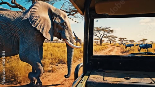 An awe-inspiring elephant stands majestically, its massive form dominating the foreground as it observes vehicles and other creatures in the safari. Through the open window of a safari vehicle.
