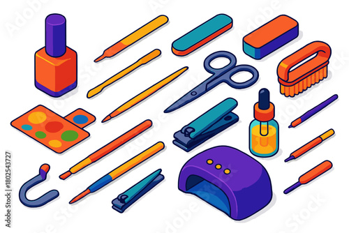 Vibrant Nail Care Tools. Isometric vector illustration set Makeup Essentials and Accessories: nail polish bottle, nail file,