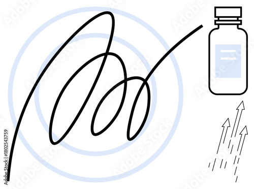 Fluid abstract path at center, upward arrows on right, minimal medicine bottle suggesting growth, innovation, wellness. Ideal for health, progress, science, wellness minimalism dynamics