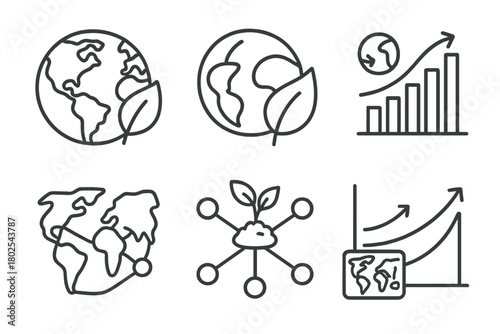 Biodegradable Plastics Icons. Line style icons of biodegradable plastics: global impact map, planet with leaf icon, worldwide use