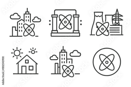 Fusion Energy Icons. Line style icons of nuclear fusion: future city powered by fusion, fusion infrastructure icon, power station