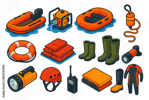 Flood Rescue Equipment. Isometric vector illustration set Flood and Water Rescue: rescue boat, water pump, inflatable raft, rope