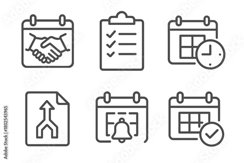 M&A Icons Set. Line style icons of mergers & acquisitions: deal calendar, closing checklist icon, transaction deadline, regulatory