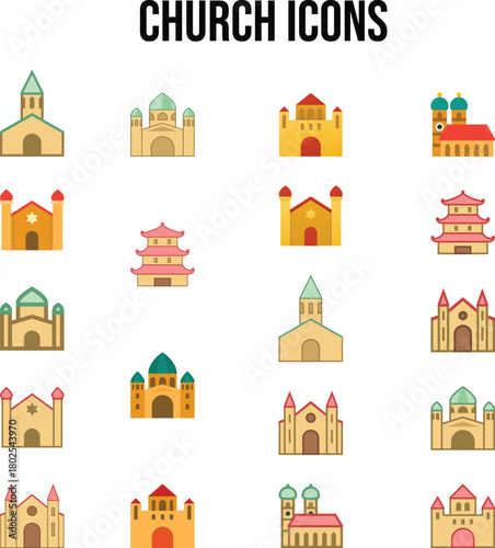Collection of cartoon church icons in various architectural styles on a white background displaye