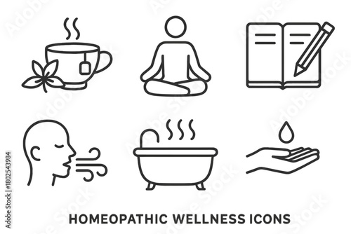 Homeopathic Wellness Icons. Line style icons of homeopathic wellness activities: herbal tea, meditation pose, journaling habit,