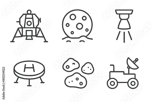 Space Exploration Icons. Line style icons of space exploration: lunar lander, moon surface, descent engine, landing pad, moon