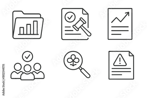 Private Equity Icons. Line style icons of private equity: data room folder, legal due diligence, commercial analysis, management