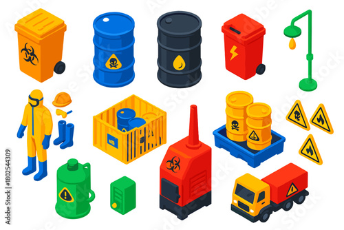 Hazardous Waste Icons. Isometric vector illustration set Hazardous Waste Management: biohazard bin, chemical waste barrel, oil