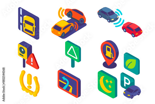 Driving Assistance Icons. Isometric vector illustration set Driving Assistance Icons: lane keep assist icon, blind spot warning,