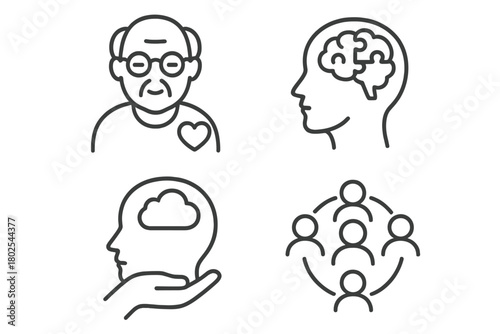 Elderly Mental Health Icons. Line style icons of mental health: mental health for seniors, elderly face with heart, aging mind