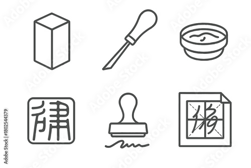 Calligraphy Seal Icon Set. Line style icons of Calligraphy Seal Carving: seal block, carving tool, red paste ink, personal mark,