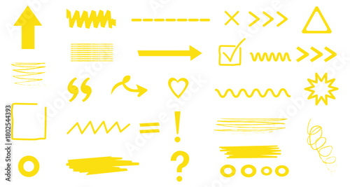 Hand Drawn Yellow Doodle Elements on Transparent Background Arrows Hearts Lines Circles Scribbles Question Mark and More Vector Drawing Illustration