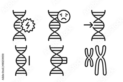 Genetic Engineering Icons. Line style icons of genetic engineering: DNA mutation icon, genetic disorder symbol, point mutation,