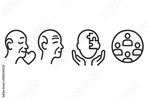 Elderly Mental Health Icons. Line style icons of mental health: mental health for seniors, elderly face with heart, aging mind