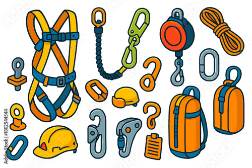 Construction Safety Gear Icons. Isometric vector illustration set Construction: safety harness, lanyard, anchor point, fall arrest