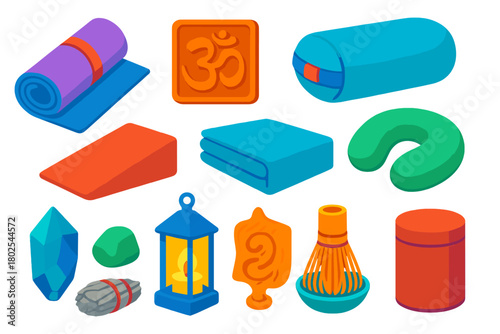 Yoga Essentials Icons. Isometric vector illustration set Yoga and Mindfulness Essentials: foam yoga mat, OM wood carving, bolster