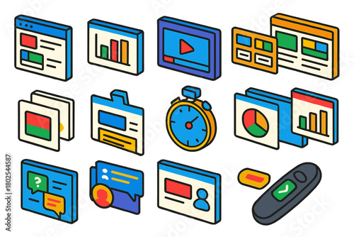 Business Presentation Tools. Isometric vector illustration set Business Presentation Tools: slide deck preview, chart on slide,