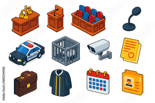 Law and Justice Icons. Isometric vector illustration set Law and Justice: courtroom bench, witness stand, jury box, court