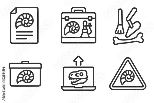 Paleontology Icons Set. Line style icons of paleontology: preservation policy, conservation toolkit, restoration tools, archival
