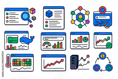 Blockchain Analytics Icons. Isometric vector illustration set Blockchain Analytics: transaction explorer screen, block details