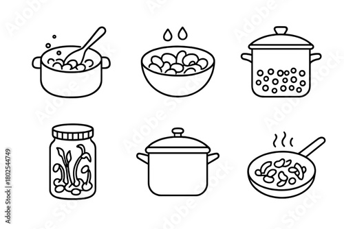 Vegan Diet Icons. Line style icons of vegan diet: cooking with legumes, soaked beans bowl, lentil stew pot, bean sprouting jar,