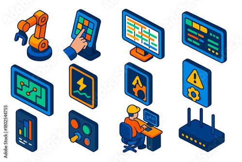 Smart Manufacturing Icons. Isometric vector illustration set Smart Manufacturing Control: robotic arm, touchscreen control panel,