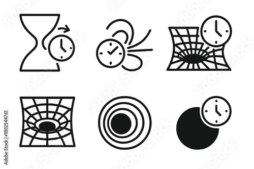 Black Hole Line Icons. Line style icons of black holes: time dilation icon, clock slowdown, strong gravity field, warped time grid
