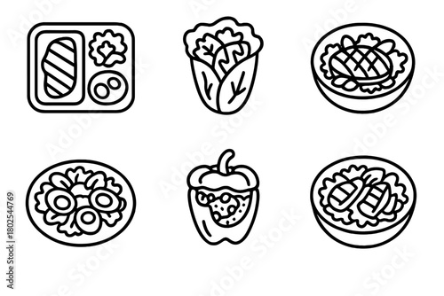 Keto Diet Icons. Line style icons of ketogenic diet: keto lunch, lettuce wrap icon, grilled meat salad bowl, egg salad plate,